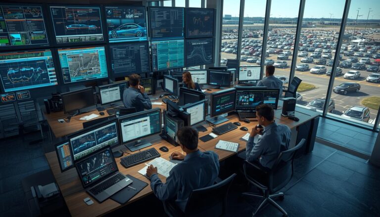Overloaded car rental operations office managing more than 300 vehicles with chaotic dashboards and paperwork.