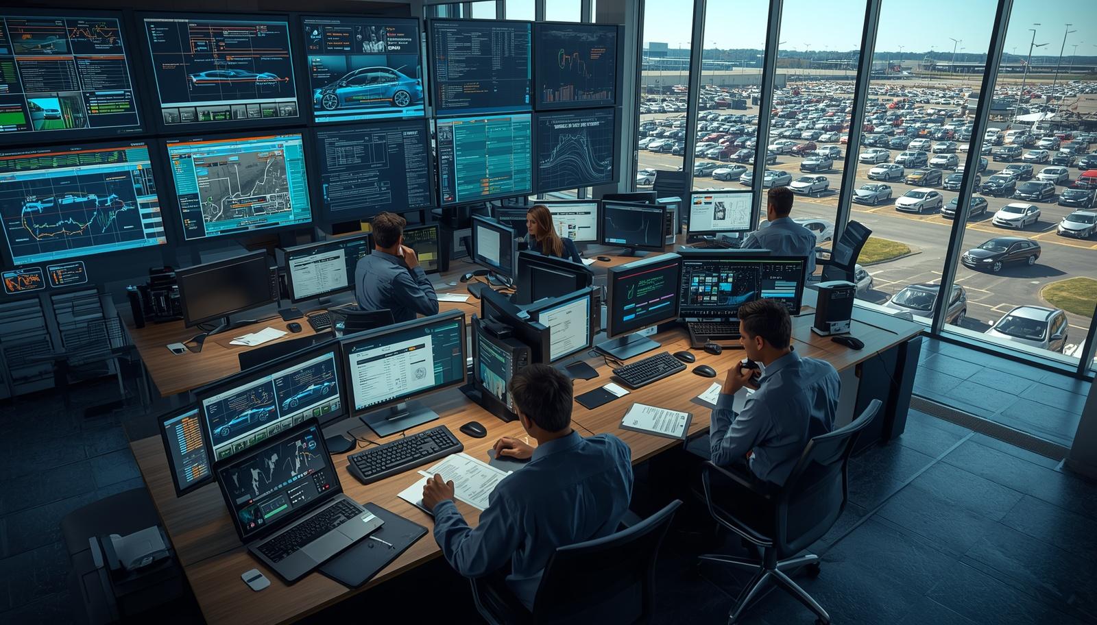 Overloaded car rental operations office managing more than 300 vehicles with chaotic dashboards and paperwork.